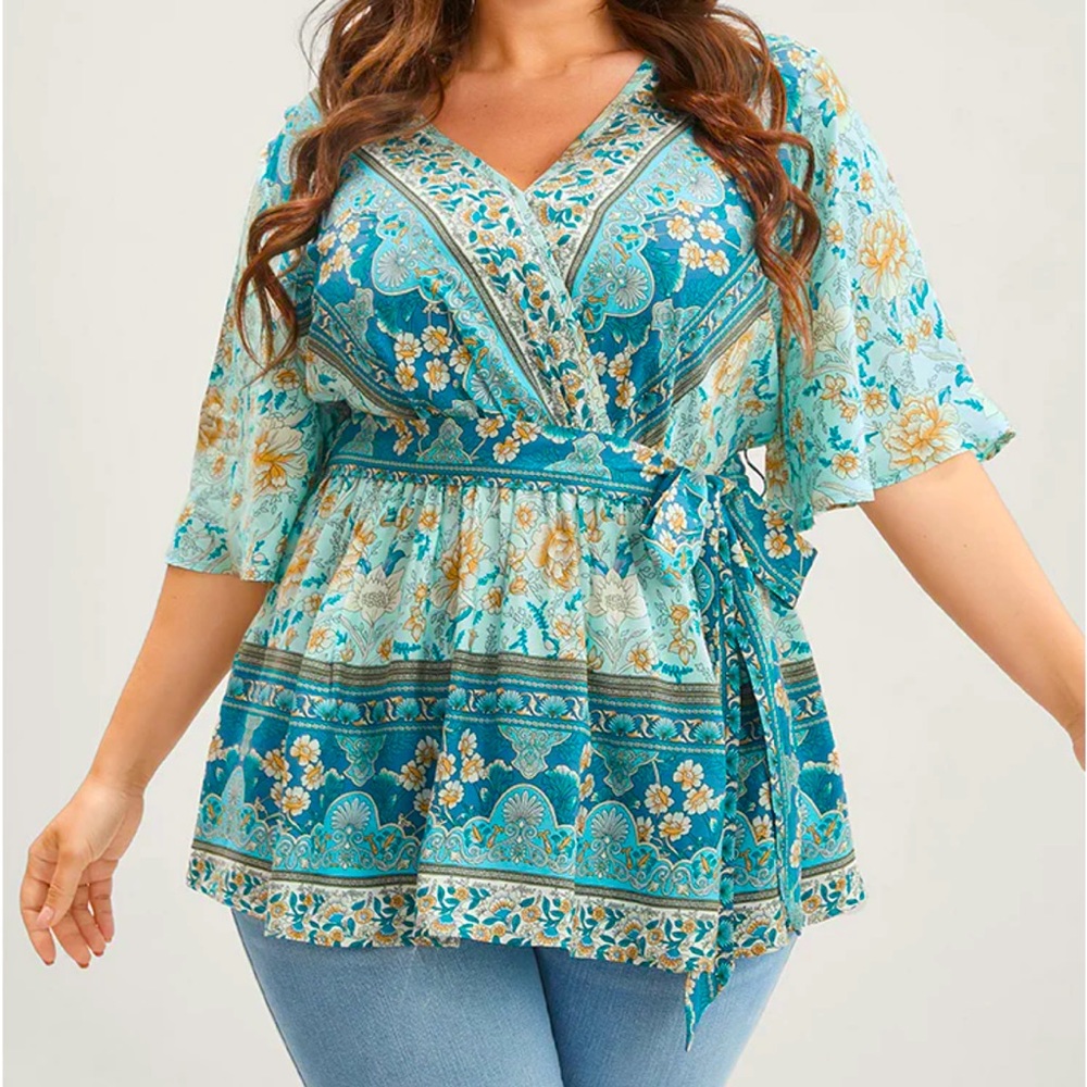Floral Print Ruffles Belted Wrap Blouse